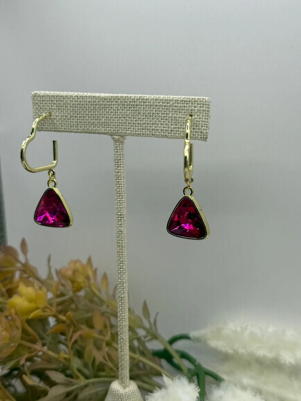 Fuchsia Trillion-Cut Crystal Heart Hoop Drop Earrings